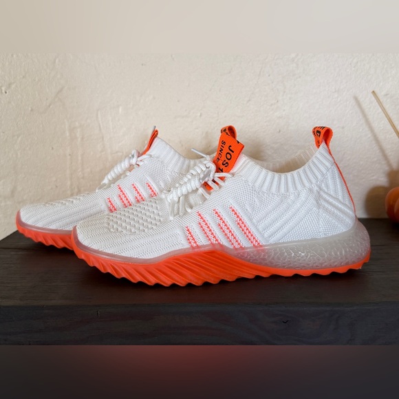 wanwo Shoes - Women Leisure Flying Weave Neon Orange Color Contrast Sneakers Size 7.5